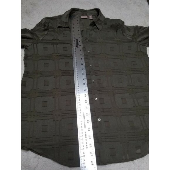Chico's Womens Size 2 Long Sleeves Button Down Top Embroider Geo Silver Green - Picture 5 of 5